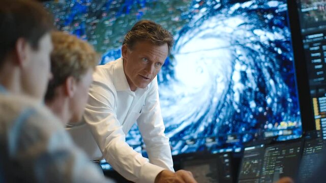 Storm surge prediction animation plays on loop in command center, meteorologist adjusts display as emergency planning staff discuss shelter operations