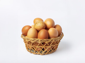 Wicker basket filled with farm eggs symbolize rural living and self sufficiency in a peaceful countryside setting.