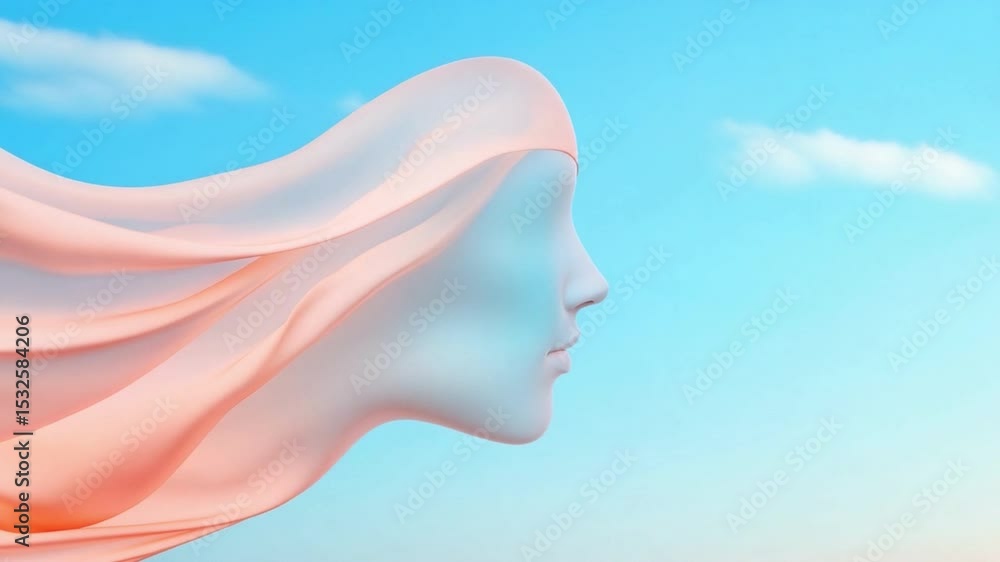 Poster serene face in the breeze: a serene face emerges from a flowing, peach-colored fabric, billowing gen