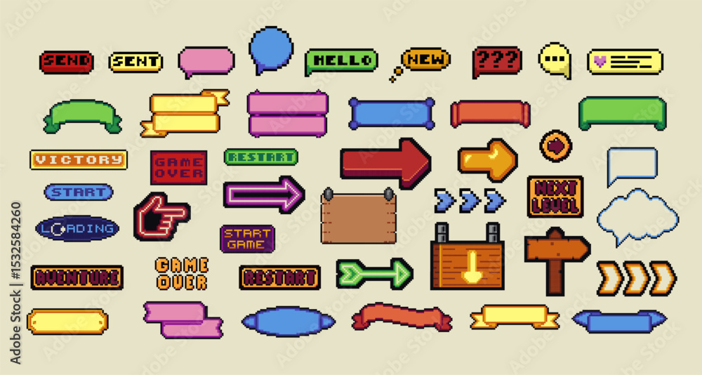 Poster pixel art frames. retro 8 bit buttons, arrows, speech bubble messages and quote frame. game ui vecto