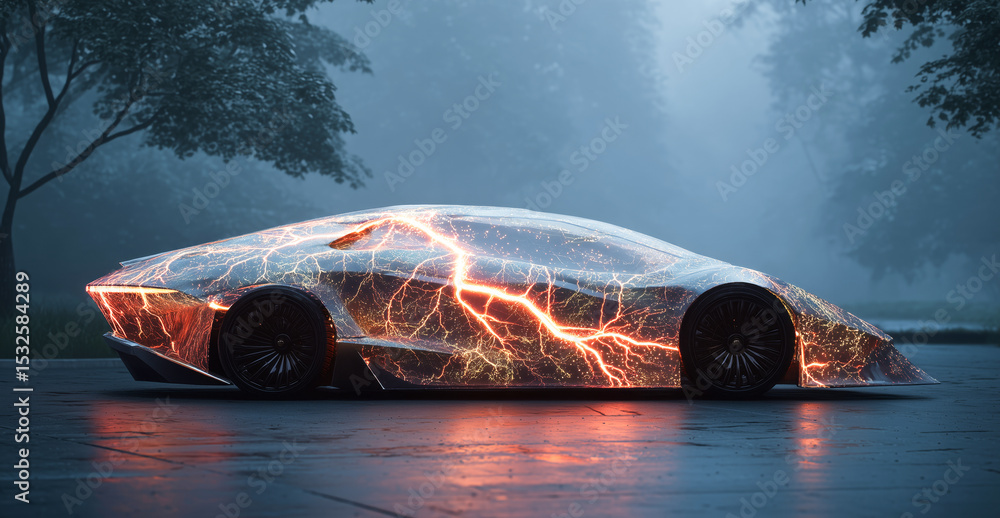 Aufkleber in a tranquil outdoor space, a bioengineer showcases a high-tech vehicle featuring artificial muscle