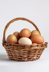 Wicker basket filled with farm eggs symbolize rural living and self sufficiency in a peaceful countryside setting.