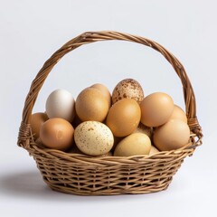 Wicker basket filled with farm eggs symbolize rural living and self sufficiency in a peaceful countryside setting.
