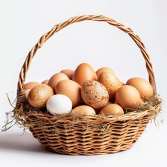 Wicker basket filled with farm eggs symbolize rural living and self sufficiency in a peaceful countryside setting.