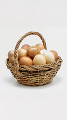 Wicker basket filled with farm eggs symbolize rural living and self sufficiency in a peaceful countryside setting.