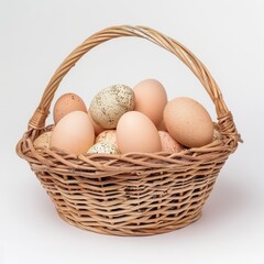 Wicker basket filled with farm eggs symbolize rural living and self sufficiency in a peaceful countryside setting.
