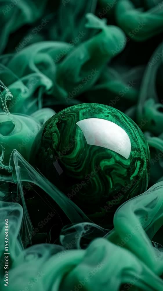 Aufkleber emerald orb suspended in green ink cloud, creating a swirling, dreamlike effect with fluid texture a