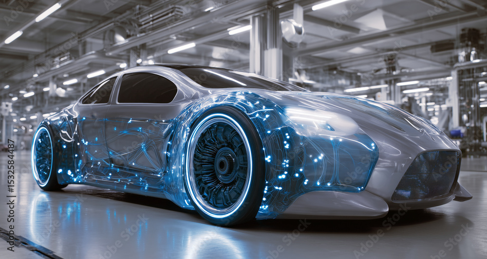Poster a cutting-edge bioengineered vehicle is displayed in a futuristic workshop.