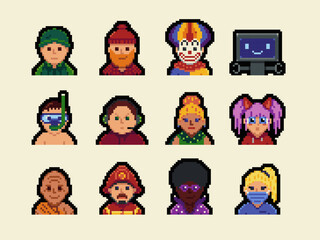 People character set, man, woman pixel art flat style, girl, guy, avatar, social net portrait, profile picture. Design of 80s. Game assets. 8-bit. Isolated vector illustration background.