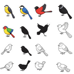 Cheerful flying birds. Cartoon bird set in fly motion isolated on white background, happy garden movement little birdie vector illustrations