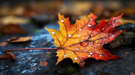 A photo of a closeup of a colorful fall leaf.