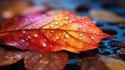 A photo of a closeup of a colorful fall leaf.