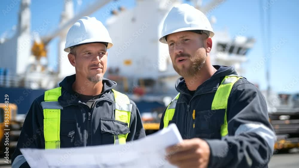 Poster two shipbuilders in reflective vests and helmets surrounded by piles of steel plates and ship compon