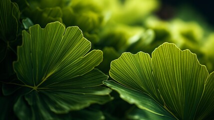 A photo of a closeup of a ginkgo or fern leaf.