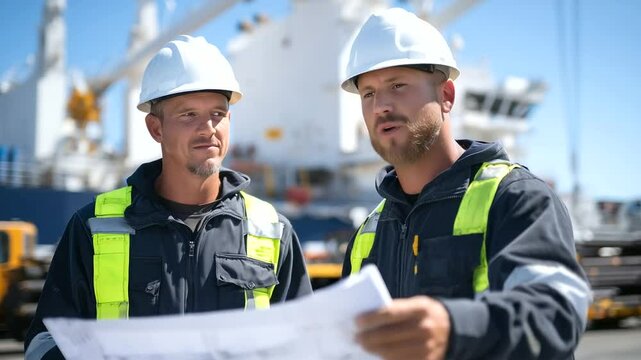 Two shipbuilders in reflective vests and helmets surrounded by piles of steel plates and ship components, blueprint rolled open between them