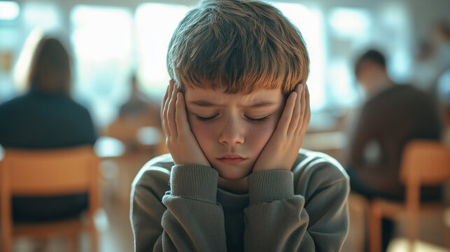 Sad boy with closed eyes covering ears in classroom
