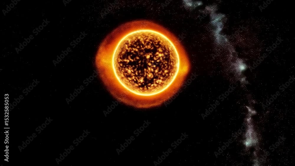 Poster photorealistic rendering of a star emitting massive solar flares in deep space with a dark void, shi