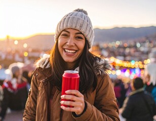 Latin American Woman Holding Soda at Rooftop Party