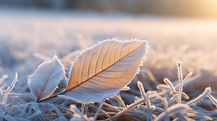 A photo of a closeup of a leaf with morning frost.