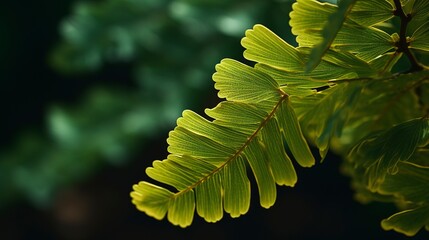 A photo of a closeup of a ginkgo or fern leaf.