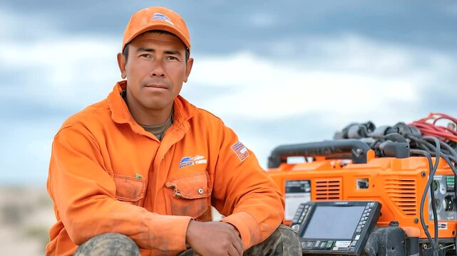 Under cloudy skies, an orange gasoline generator runs steadily beside a field operator in orange uniform, who logs performance stats while portable devices charge via heavy-duty pl