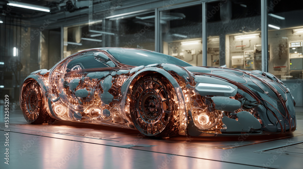 Aufkleber A cutting-edge bioengineered vehicle features streams of artificial biotissue and a muscular design, highlighting advanced movement capabilities. The environment is a modern laboratory setting.