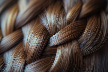 Close up of shiny natural brown hair in a braid. Hair color or shades
