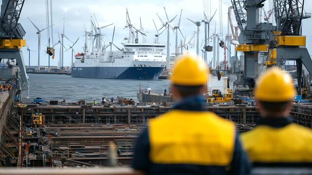 View from behind workers as they look at enormous dry dock filled with steel framework of ship, heavy machinery operating in distance
