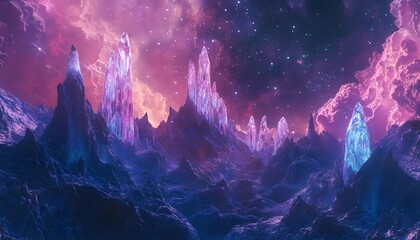 Crystal peaks rise against a starlit, nebula-filled sky.