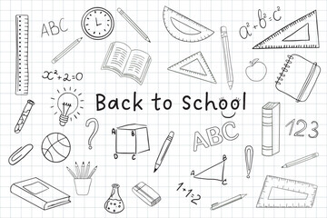 hand drawn school doodles.  Vector sketch of school elements: books, pencils, formulas, rulers and more. Ideal for academic projects, learning materials, and back to school promotions. Vector