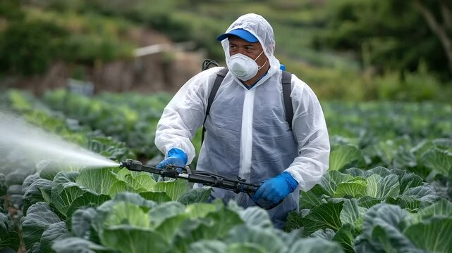 Wearing chemical-resistant gear and a face shield, a farmer methodically walks between cabbage rows, operating a high-pressure sprayer as droplets settle on the broad green leaves