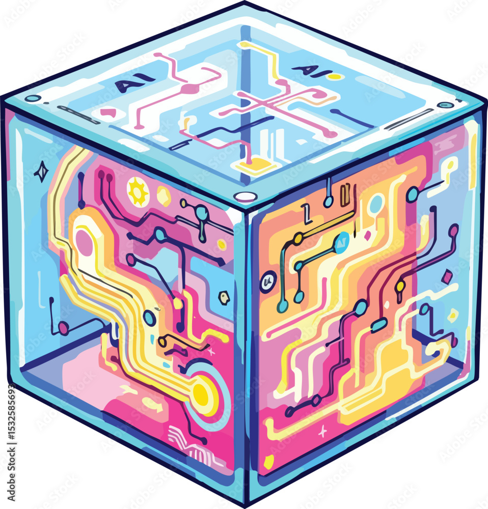 Poster abstract illustration of an ai-powered cube with colorful circuit board inside a glass box.