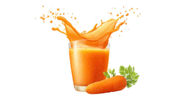 Fresh carrot juice splashing from a glass on transparent background