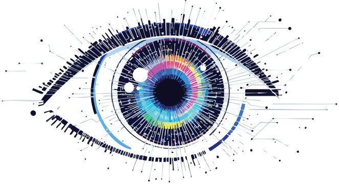 A colorful digital eye represents technology surveillance artificial intelligence and big data.