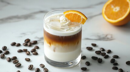 Iced coffee cocktail in crystal glass with slices of orange and coffee beans on a white marble surface