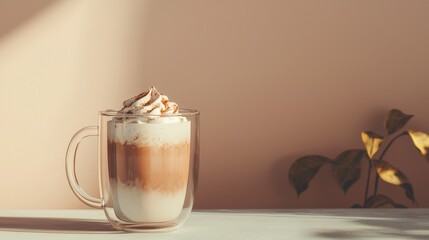 Foamy coffee latte with whipped cream and spices in glass mug isolated on light background