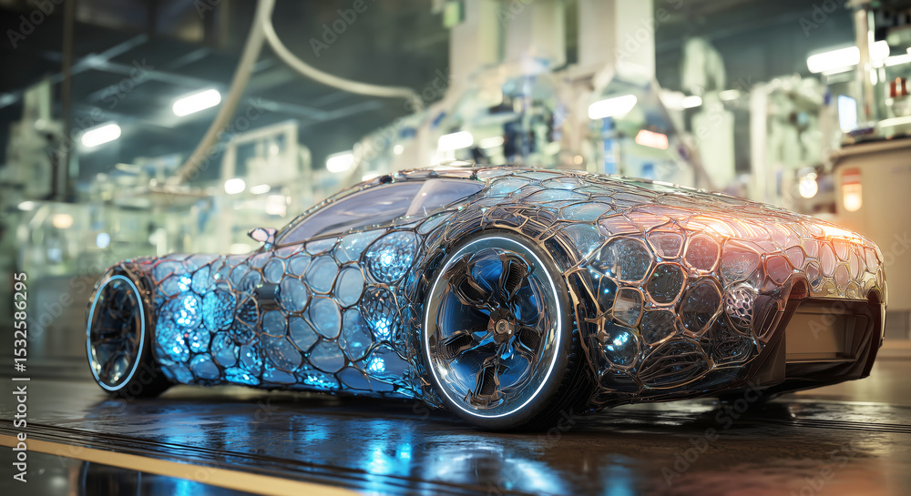Aufkleber A cutting-edge vehicle showcases bioengineered materials, integrating artificial biotissue for improved muscular movement. The setting highlights advanced technology and futuristic design elements.