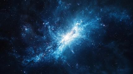 Naklejka premium Stunning view of a vibrant blue nebula filled with countless stars, and cosmic clouds.