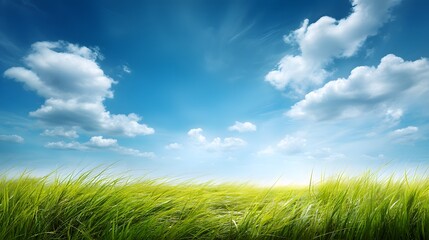 Obraz premium Sunny green meadow with vibrant grass and bright blue sky