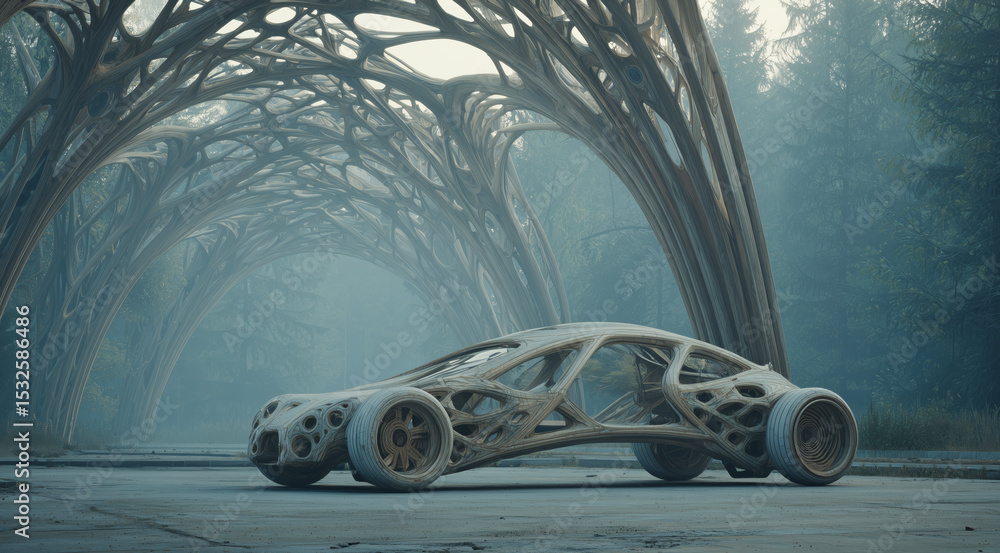 Aufkleber A bioengineered vehicle integrates artificial biotissue within its muscular structure, emphasizing movement capabilities.
