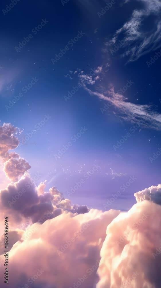 Poster dramatic violet clouds drifting across the sky with ethereal light filtering through in a moody atmo