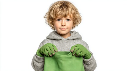 Blonde Boy Holding Green Reusable Bag to Support Save the Earth Concept