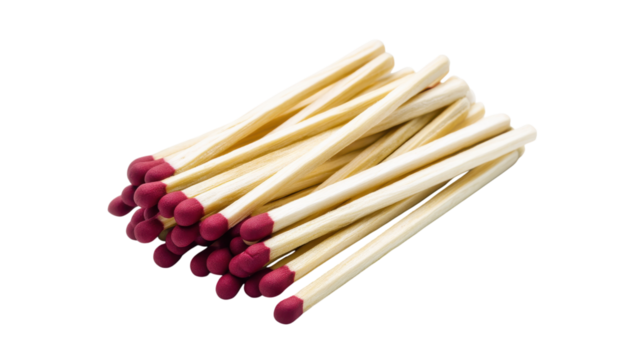 Pile of Wooden Matches with Red Tips on Transparent Background