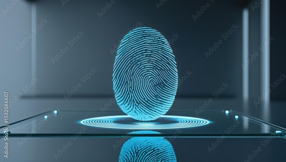 Poster highly detailed digital fingerprint scan with glowing blue lines and circular base on reflective sur