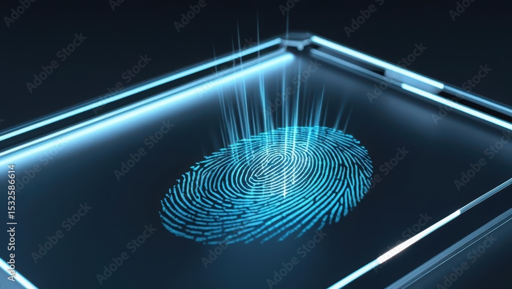 Poster futuristic digital fingerprint scanner display on transparent smartphone with holographic biometric 