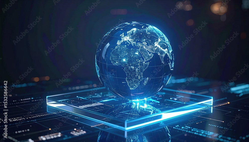 Poster futuristic digital globe hologram displaying earth with illuminated continents and network grid in a