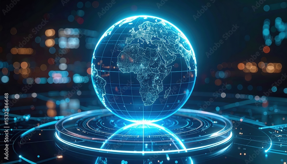 Poster digital globe with illuminated continents showcasing global technology connectivity and data network