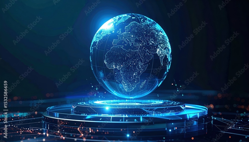 Poster futuristic digital globe with illuminated continents and network connections showcasing global techn