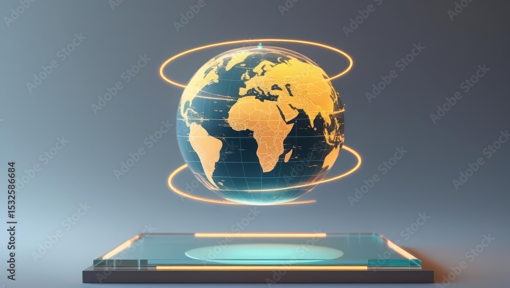 Poster futuristic digital globe display with glowing continents and orbit lines on sleek transparent platfo