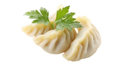Steamed dumplings garnished with fresh parsley on transparent background